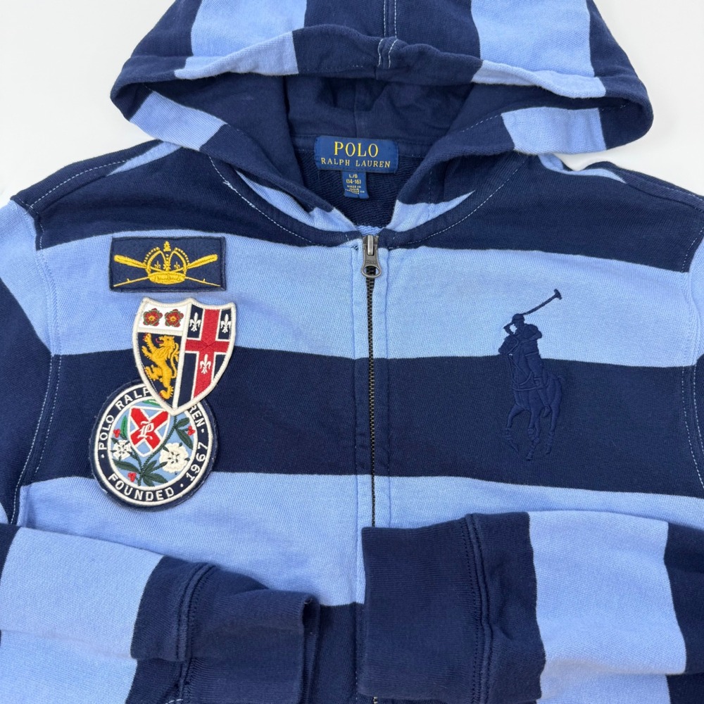 Polo Ralph Lauren Boys Large 14-16 Striped Full Zip Hoodie Big Pony Patches